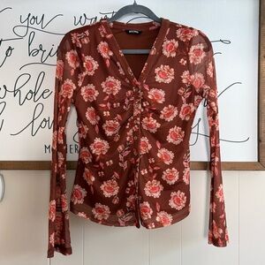 Spring Boho Top V Neck Long Sleeve Blouses Ruched Mesh